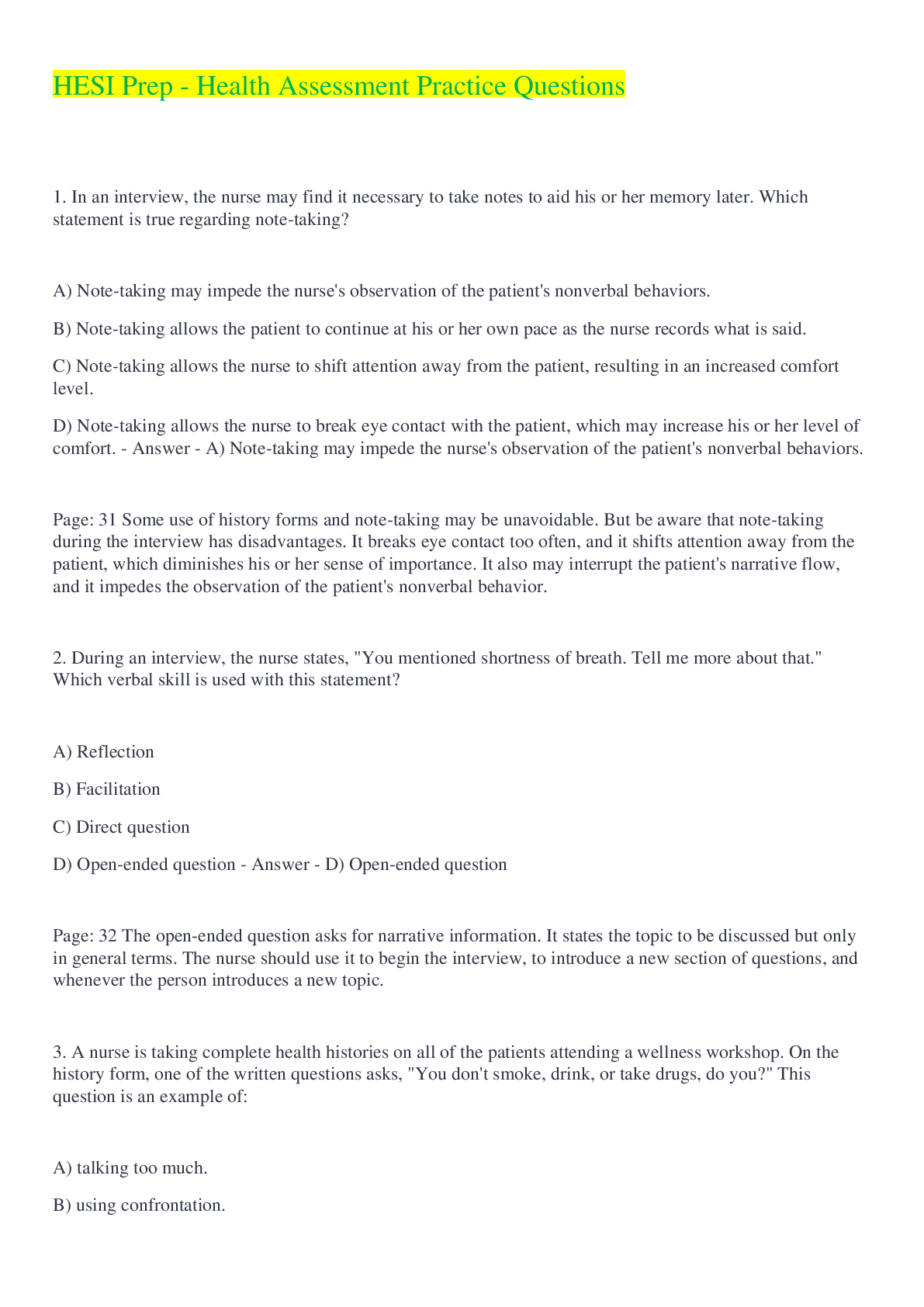 Preview image for HESI Prep - Health Assessment Practice Questions